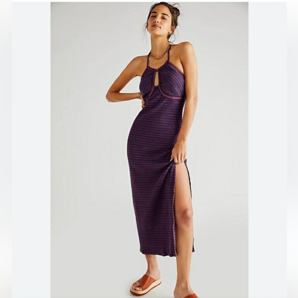 Free People Boho Terra Striped Maxi Halter Ribbed Dress Size L NWT